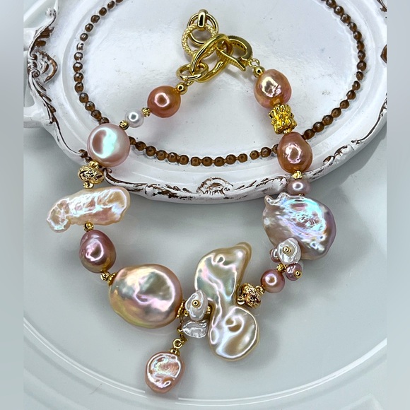 Pearl Jewelry - Handmade Freshwater Metallic Keshi Coin Edison Pearl Golden Champagne Bracelet